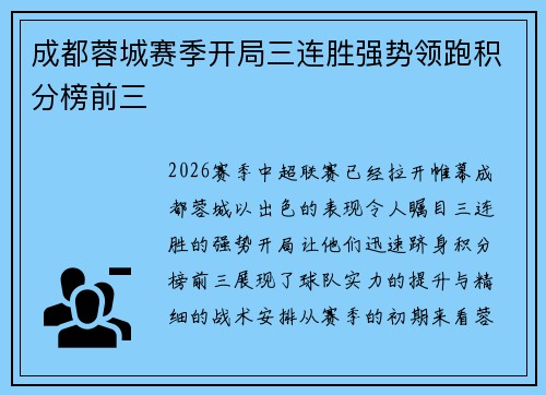 成都蓉城赛季开局三连胜强势领跑积分榜前三